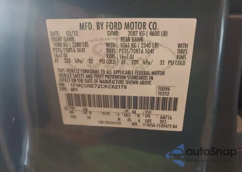 2012 Ford Escape Limited z USA, uszkodzony, nr VIN 1FMCU9E72CKT62179